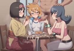 1boy 3girls after_ejaculation ai_generated balls bangs belt black_belt black_hair blue_eyes blush bodily_fluids bracelet breasts camisole chair clavicle cleavage closed_eyes closed_mouth clothed_female clothed_female_nude_male clothing covered_erect_nipples cup erect_nipples_under_clothes erika_(pokemon) eyelashes facial fellatio female flipped_hair food genital_fluids green_eyes group group_sex gym_leader hair hairband hakama half-closed_eyes hand_on_another's_head hand_on_head headwear holding indoors jacket jewelry kasumi_(pokemon) kimono large_breasts long_hair male male_pubic_hair medium_breasts medium_hair misty_(pokemon_hgss) multiple_girls navel nipples nude nude_male one-piece_swimsuit open_clothes open_jacket open_mouth oral orange_hair pants penis pokemon ponytail pubic_hair raised_eyebrows red_eyes robe sabrina_(pokemon) sabrina_(pokemon_hgss) see-through semen semen_on_body semen_on_clothes semen_on_hair semen_string sex shirt short_hair shorts sitting smile straight stray_pubic_hair sweat swimsuit swimsuit_under_clothes table testicles thighs tied_hair traditional_clothes wafuku white_jacket white_one-piece_swimsuit white_swimsuit wide_sleeves yellow_kimono