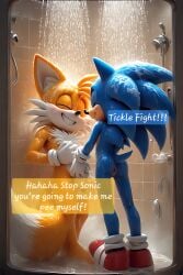 ai_generated comic comic_page peeing_self playful showering sonic_the_hedgehog tails tails_the_fox tickle tickle_fetish tickle_torture