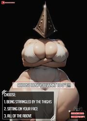 1girls ai_generated arms_crossed cleavage dialogue_box dialogue_options female female_only female_pyramid_head huge_breasts monster_girl pyramid_head rule_63 silent_hill silent_hill_2 thick_thighs waifustart