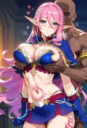 ai_generated big_breasts blue_eyes chocopizza dark_skinned_male elf_ears groping_breasts heart_symbol miniskirt myuria_tionysus pink_hair star_ocean_the_last_hope tattoos