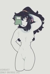 black_hair blush book book_covering_eye exposed exposed_pussy female female_only first_post fundamental_paper_education hand_behind_head heart_nipples ibispaintx looking_away miss_sasha_(fundamental_paper_education) naked naked_female neckless nipple_covers nude nude_female one_eye_visible paper ponytail teacher watermark