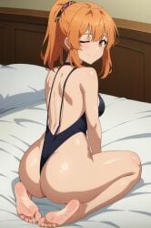 ai_generated ass back bare_shoulders barefoot blush breasts eyebrows_visible_through_hair feet female hair_ornament jougasaki_mika on_bed one_eye_closed orange_hair ponytail sitting smile soles solo