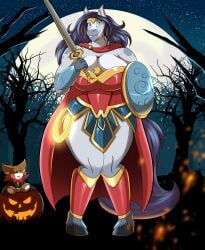 amazonian boots bracelets breasts cape crown dc_comics digital_drawing_(artwork) digital_media_(artwork) female female_warrior full_moon furry furry_female halloween hi_res horse horse_ears horse_girl horse_tail jack-o'-lantern large_breasts lasso lasso_of_truth long_hair malina_(robthehoopedchipmunk) moon muscular muscular_anthro muscular_female night night_sky non-human plushie pumpkin purple_hair robthehoopedchipmunk shield superheroine sword thick_legs thick_thighs thighs tree trees warrior wide_hips wonder_woman_(cosplay)