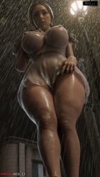 1girls 3d 3d_(artwork) big_breasts blender_(software) blonde_hair capcom female katherine_warren long_hair patreon_username rain red_lj resident_evil resident_evil_2_remake transparent_clothing