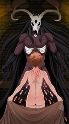 absurd_res american_mythology anthro antlers ass black_body black_fur brown_body brown_fur detailed_background duo fangs female female_on_anthro fur genitals hair hi_res horn human human_on_anthro indigenous_north_american_mythology interspecies male male/female mammal monster multicolored_body multicolored_fur muscular muscular_male mythology north_american_mythology nude open_mouth orange_hair project-taofm pussy scar standing teeth teratophilia thick_thighs two_tone_body two_tone_fur wendigo