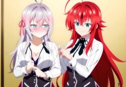 2girls ahoge ai_generated alisa_mikhailovna_kujou blue_eyes blushing_female crimson_hair_female crossed_bangs crossover crossover_ship crossover_shipping curvy_females demon_girl females_only hair_ribbon high_school_dxd hourglass_figured_female huge_ahoge interspecies lesbians light-skinned_female long_hair_female looking_at_another loose_hair lovehuwu milky_white_skin red_ribbon rias_gremory russian_girl schoolgirl_uniform schoolgirls silver_hair_female sky_blue_eyes smile tokidoki_bosotto_russian_de_dereru_tonari_no_alya-san very_long_hair_female voluptuous_female wide_hipped_female yuri