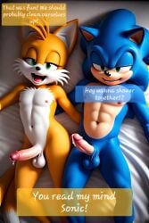 ai_generated comic comic_page dripping_cum erect_penis laying_on_bed penises sleepover sonic_the_hedgehog tails tails tails_the_fox
