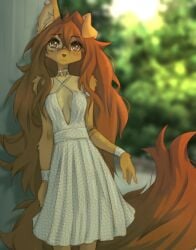 1girls 2025 apogee apogee_(tinygaypirate) breasts brown_eyes brown_fur brown_hair canine cute dog_ears dog_girl dress earring earrings expressionless female fluffy_tail freckles fur furry furry_female furry_only long_hair looking_at_viewer piercing small_breasts solo tail tattoo tinygaypirate