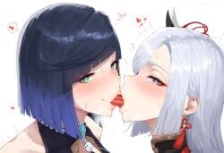 2girls ai_generated bare_shoulders blue_eyes blue_hair blush bob_cut diagonal_bangs dice earrings french_kiss genshin_impact green_eyes grey_hair hair_ornament hair_over_one_eye half-closed_eyes heart heart-shaped_pupils jewelry kissing long_hair looking_at_viewer makeup multicolored_hair multiple_girls mur_ai_nsfw portrait saliva shenhe_(genshin_impact) short_hair simple_background spoken_heart sweat symbol-shaped_pupils tassel tassel_earrings tongue tongue_out trembling white_background white_hair yelan_(genshin_impact) yuri