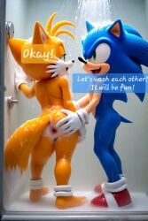 ai_generated anus anus_peek anus_worship comic comic_page hand_on_butt shower_sex showering sonic_the_hedgehog tails tails_the_fox washing_body