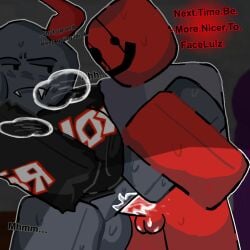 1boy 1girls artist_request artlurkervx ass b0ne_m4rrow balls big_ass big_butt big_penis bigboobs blocky_body breasts cum cum_inside demanding dialogue english_text female ihasafacelulz_(arg) jx1dx1 male mean penis roblox roblox_arg robloxian source_request tagme text