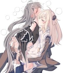 2girls absurdres blonde_hair blush breasts chinese_commentary closed_eyes clothed_masturbation clothed_sex collared_dress commentary_request dress duel_monster emptyayya female_ejaculation female_masturbation fingering grey_hair head_steam highres long_hair long_sleeves masturbation multiple_girls pussy pussy_juice simple_background sky_striker_ace_-_raye sky_striker_ace_-_roze spread_legs sweat two-tone_dress white_background yu-gi-oh! yuri