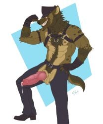 abs animal_genitalia animal_penis anthro armband balls belt big_penis bodily_fluids boots canine_genitalia canine_penis chaps clothed clothing fingerless_gloves footwear genital_fluids genitals gloves goldeyboi handwear harness hat headgear headwear hi_res hyena leaking_precum leather leather_clothing leather_daddy leather_hat leather_headgear leather_headwear male mammal muscular muscular_male partially_clothed penis precum sheath shoes solo vein veiny_penis vincent_(lordvincent14)