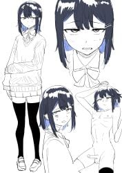 1boy absurdres arm_at_side balls black_eyes black_hair blue_hair blush bow bowtie close-up closed_mouth clothes_on_and_off collared_shirt colored_inner_hair completely_nude embarrassed erection full_body hair_ornament highres kaiman_garupan legs light_blush long_sleeves looking_at_viewer male medium_hair multicolored_hair navel nipples nude open_mouth original otoko_no_ko pectorals penis shirt shoes simple_background skirt standing stomach sweatdrop sweater testicles thighhighs thighs two-tone_hair white_background