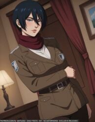ai-generated ai_generated belt black_eyes black_hair blush breasts brown_jacket clothing coat emblem english_language english_text female grey_eyes hair_between_eyes high_resolution indoors jacket lamp lips long_sleeves looking_at_viewer mikasa_ackerman military neckwear pants paradis_military_uniform parted_lips red_neckwear red_scarf scarf shingeki_no_kyojin shingeki_no_kyojin_|_attack_on_titan shirt short_hair solo survey_corps_(emblem) text uniform white_shirt wodstudio