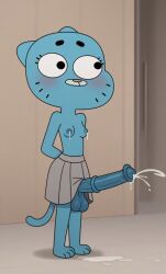 ai_generated animal_genitalia animal_penis anthro autolactation black_eyes blue_body blue_fur blue_nipples blue_penis blush cartoon_network cartoony cat_ears cat_girl cat_humanoid cat_tail catgirl cum cum_on_floor cumming eyelashes feline furry furry_female futanari grey_skirt horse_penis horsecock lactating lactation lactation_without_expressing nicole_watterson p0rtal_w0mbat pleated_skirt skirt small_boobs small_breasts the_amazing_world_of_gumball whiskers
