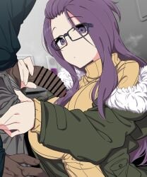 1boy bangs_pinned_back bar_censor black-framed_eyewear breasts censored dark-skinned_male dark_skin female flaccid glasses green_jacket hair_flip handjob highres interracial jacket kagamihara_sakura kuro_mushi large_breasts long_hair looking_at_viewer male penis purple_eyes purple_hair rectangular_eyewear ribbed_sweater solo_focus straight sweater turtleneck turtleneck_sweater yellow_sweater yurucamp