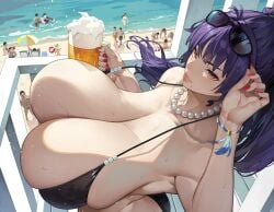 agu_(agoppdki) alcohol beach beer bikini black_bikini blush bracelet breasts bursting_breasts cleavage colorized eyewear_on_head female gigantic_breasts highres huge_breasts jewelry long_hair looking_at_viewer mature_female maya_motoko_(agu) mole mole_under_mouth nail_polish necklace orange_eyes original pearl_necklace ponytail purple_hair sagging_breasts smile sunglasses swimsuit tagme