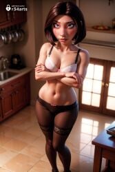 1girls ai_generated artist_name black_pantyhose blue_eyes blurry blush bow bow_panties bra breasts brown_hair cleavage colette_tatou collarbone crossed_arms disney freckles full_body hi_res indoors kitchen lace_trim lips looking_at_viewer medium_breasts mole navel panties panties_under_pantyhose pantyhose parted_lips patreon_username pink_bra pixar r34arts ratatouille short_hair sink solo standing stomach stove thighhighs underwear underwear_only window