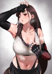 armpits black_hair black_skirt blush breasts breath cleavage clothes_pull collarbone commentary_request cowboy_shot crop_top earrings elbow_gloves elbow_pads exhausted female final_fantasy final_fantasy_vii fingerless_gloves from_above gloves highres hot jewelry large_breasts long_hair low-tied_long_hair midriff monoi_daru navel one_eye_closed red_eyes shirt_pull single_arm_guard single_earring single_elbow_pad skirt solo sports_bra steaming_body suspender_skirt suspenders sweat tifa_lockhart very_sweaty
