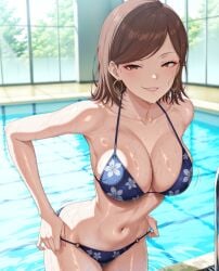 1female 1girls ai_generated athletic_female bikini bikini_pull breasts brown_hair brown_hair_female daia_(sono_bisque_doll_wa_koi_suru) female floral_print hd hi_res high_resolution highres looking_at_viewer pool short_hair short_hair_female smile solo solo_female sono_bisque_doll_wa_koi_wo_suru standing sweat teasing vooluxx wet