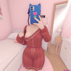 ai_generated bedroom_background breasts cappie_(miside) cool_mita_(miside) iphone lifting_own_clothes looking_at_viewer selfie small_breasts