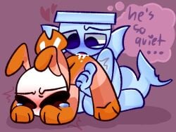 blush crying cum_in_ass dandy's_world eating_cum eating_out femboy finn_(dandy's_world) male male_on_male naked nude quiet shrimp shrimpo_(dandy's_world) skyblue_enjoyer tail text thinking two_men yaoi
