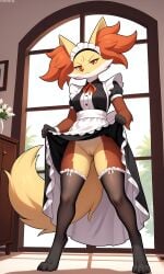1girls 2025 ai_generated annoyed anthro delphox digitigrade dress_lift female female_only generation_6_pokemon hi_res indoors inner_ear_fluff innie_pussy low-angle_view maid_uniform nintendo no_panties orange_eyes orange_fur pokemon pokemon_(species) pussy red_fur thigh_socks white_fur yellow_fur