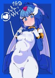 1girls blue_eyes blush buzzlyears fairy_leviathan female female_only fully_clothed heartbeat light-skinned_female looking_at_viewer mega_man mega_man_zero reploid shirt_lift small_breasts solo sweat thick_thighs wide_hips