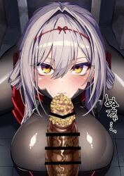 bathroom blush breasts censored cleavage clenched_teeth dark_penis female glaring goddess_of_victory:_nikke gross huge_breasts huge_cock kneeling looking_at_viewer male ninopal penis pubic_hair_in_smegma scarlet_(nikke) skin_tight smegma stray_pubic_hair text veiny_penis white_hair yellow_eyes