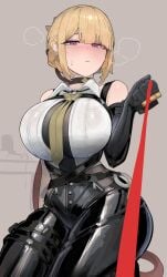 1girls absurdres alternate_breast_size azz0422 black_gloves black_pants blonde_hair breasts evelyn_chevalier female gloves high-waist_pants highres jewelry large_breasts looking_at_viewer necktie pants purple_eyes shirt sleeveless solo tight_clothes tight_pants white_shirt yellow_necktie zenless_zone_zero