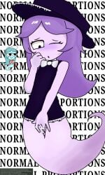 2d bowtie bowtie_collar connie_(dandy's_world) dandy's_world dandys_world digital_drawing_(artwork) digital_media_(artwork) female female_focus female_only fingering_self fingers_in_pussy flat_chest flat_chested hat joke_art lilac_body lilac_hair lilac_haunting_connie not_minus poor_quality pussy_juice text vaginal_fluids white_background