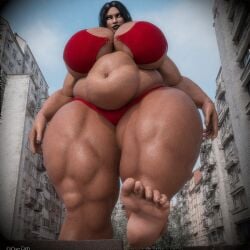 50percentgrey ai_generated ass bbw black_lipstick breasts brunhilde female giant_ass giantess huge_breasts low-angle_view photorealistic red_bikini_bottom red_bikini_top round_ass tan_skin