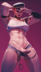 1futa 1girls 3d athletic athletic_female big_penis cosplay final_fight fugtrup futa_only futanari handcuffs looking_at_viewer muscular muscular_female overwatch poison_(final_fight)_(cosplay) street_fighter zarya