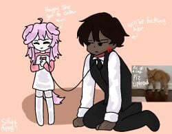annoyed_expression collared colored happy_expression height_difference pink_hair shaded short_girl text