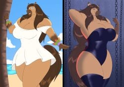 amazonian anthro beach beach_background blue_eyes breasts breasts_bigger_than_head brown_body brown_fur brown_hair chains cloud clouds digital_drawing_(artwork) digital_media_(artwork) dungeon furry furry_female hi_res horse horse_ears horse_girl hourglass_figure hourglass_figured_female large_breasts legs legwear lingerie looking_at_viewer muscular muscular_anthro muscular_female muscular_thighs non-human ocean ocean_background palm_tree pleasure_face robthehoopedchipmunk skirt smile smiling smiling_at_viewer tail talia_(robthehoopedchipmunk) thick_legs thick_thighs white_dress