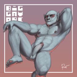 1:1 2018 5_toes abs arm_hair armpit_hair balls barefoot biceps biped blue_eyes body_hair chest_hair claws ear_piercing enoch_kersey erection fangs feet gauged_ear genital_piercing glans gradient_background grey_balls grey_claws grey_glans grey_nipples grey_penis hairy hand_behind_head hand_on_knee hi_res humanoid humanoid_penis leg_hair looking_at_viewer lorum_piercing male male_only muscular muscular_male nipples nude orc orc_male pecs penis piercing pinup pointy_ears pose reclining rov signature simple_background solo toe_claws toes