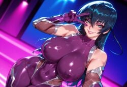 1girls ai_generated balecxi bangs bare_shoulders black_hair blurry_background blush bodysuit breasts cameltoe clothing collarbone covered_collarbone covered_navel covered_nipples curvaceous curvaceous_female curvaceous_figure curvy curvy_figure elbow_gloves female female_focus female_only fishnets gloves green_eyes grin hair_between_eyes igawa_asagi impossible_bodysuit impossible_clothes inviting inviting_to_sex large_breasts latex leotard lips lipstick long_hair looking_at_viewer makeup ninja presenting presenting_breasts presenting_hindquarters presenting_self purple_bodysuit purple_gloves seductive seductive_look seductive_smile shiny_clothes shiny_skin skin_tight smile solo taimanin_(series) taimanin_asagi taimanin_asagi_battle_arena taimanin_rpgx taimanin_suit teeth thighs v v_over_eye voluptuous voluptuous_female