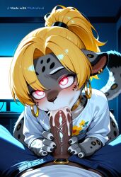 1boy 4k aged_down ahegao ai_assisted ai_generated all_the_way_to_the_base anthro_female bbc beautiful_eyes beautiful_face big_ass black_male blond_hair blue_pants bratty breath bubble_butt claws cum_dump cum_in_mouth cum_overflow cum_splatter cum_string curvy dark dark_skinned_male deepthroat detailed_background detailed_eyes detailed_face dim_lighting excessive_cum excessive_saliva fellatio furry gray_fur male male_focus spotted_body tail two_tone_body two_tone_fur white_body white_fur