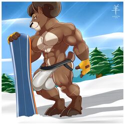 1:1 2018 aaron_(artist) abs anthro backless_gloves biceps bighorn_sheep biped black_eyebrows black_nose blue_sky bovid brown_fur brown_hooves brown_horn brown_nipples brown_tail bulge caprine chest_tuft clothed clothing day detailed_background easton_green eyebrows fingerless_gloves front_view fur gloves hi_res hooves horn jockstrap looking_at_viewer male male_only mammal multicolored_fur multicolored_tail muscular muscular_male nipples orange_eyes outside pecs sheep short_tail sky small_tail smile snow snowboard solo topless tree tuft two_tone_fur two_tone_tail underwear white_clothing white_fur white_tail white_underwear