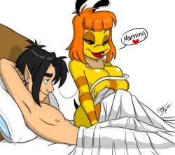 1boy 1boy1girl 1girls aeolus06 anthro bed bedroom bee black_eyes black_hair boy breasts bust busty curvaceous curves curvy curvy_body curvy_female curvy_figure curvy_hips dialogue female hair hanna hanna_bee_(slb) hanna_hunny_bee hourglass_figure huge_breasts human humanoid hunny insects interspecies large_breasts legs male mature mature_female mature_male nude orange_hair original_character speech_bubble straight tak_(aeolus06) tak_(the_tree_fairy) tak_n_hanna thick thick_legs thick_thighs thighs voluptuous yellow_skin