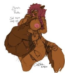 8_nipples anthro areola baubles big_areola braided_hair canid canine canis claws coyote english_description english_text female hair hi_res hyper hyper_pregnancy laladra long_tongue looking_at_self mammal mature_anthro mature_female multi_nipple nipples oakfinch pendants pregnant pregnant_female signature solo string text tongue touching_belly watermark