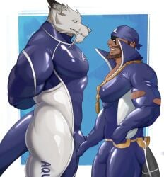 anthro archie_(pokemon) balls bara beard bulge facial_hair flaccid furry headkerchief male male_only muscles muscular nintendo penis pokemon quietscrappy size_difference team_aqua yaoi