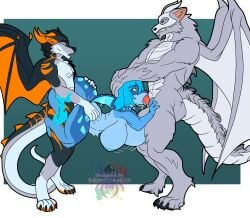 anansi_dragon anthro big_breasts blue_eyes blue_fire blue_hair bodily_fluids breasts colored_fire dragon fellatio female female_penetrated fire flaming_tail genitals group group_sex hair hand_on_head hi_res licking male male/female male_penetrating male_penetrating_female mythological_creature mythological_scalie mythology oral penetration penile penis penis_lick saliva scalie sex spitroast tail threesome tongue trio wings