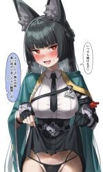absurdres alternate_language animal_ear_fluff animal_ears black_gloves black_hair black_necktie black_panties black_skirt blunt_bangs blush breasts clothes_lift cowboy_shot dress_shirt female fingerless_gloves fox_ears fox_girl gloves green_jacket green_tea_(matchaistasty) heart heart-shaped_pupils high-waist_skirt highres hoshimi_miyabi jacket korean_text large_breasts long_hair looking_at_viewer navel necktie open_mouth panties red_eyes shirt sidelocks simple_background single_fingerless_glove skirt skirt_lift smile solo speech_bubble sweat symbol-shaped_pupils teeth translation_request underwear white_background white_shirt zenless_zone_zero