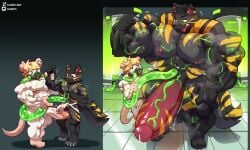 absurd_res anthro big_muscles big_penis blonde_hair bodily_fluids canid canine changing_eye_color clothing duo ear_piercing flexing floor fluffy fluffy_tail fur gas_mask genital_fluids genital_growth genital_markings genital_piercing genitals green_eyes green_fluid green_veins grey_body grey_fur growth hair hairless_feet hairless_hands hi_res hose hose_in_navel huge_cock huge_muscles humanoid_genitalia humanoid_penis hyper hyper_genitalia hyper_muscles hyper_penis jack_al-inpu_(flusspuss) jockstrap laboratory male male/male mammal markings marshiro mask murid murine muscle_growth muscular muscular_arms muscular_male muscular_thighs navel_insertion nipple_piercing nipples notched_ear nude pecs penis penis_growth penis_markings penis_piercing piercing prince_albert_piercing rat rat_tail red_eyes red_penis riley_(flusspuss) rodent scientific_experiment sequence sweatdrop_(iconography) tail tile tile_floor tongue tongue_out transformation tube tube_in_navel underwear vein veiny_muscles veiny_penis white_body white_fur worried yellow_markings