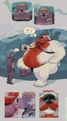 absurd_res alcohol anthro anthro_on_anthro balls bear belly beverage blonde_hair blush bodily_fluids body_hair chest_hair clothing comic cross-eyed dialogue dramamine duo english_text erection facial_hair genital_fluids genitals hair half-closed_eyes harness hi_res humanoid_genitalia humanoid_penis jockstrap larger_male leaking_precum licking male male/male mammal mature_male moustache mullet narrowed_eyes navel nipples obese obese_anthro obese_male oral orange_hair overweight overweight_anthro overweight_male penile penis penis_lick pipe precum pubes ringed_eyes sex simple_background sitting size_difference smaller_male smile smoke smoking speech_bubble text tongue underwear