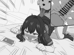 1boy 1girls animal_ears animal_genitalia animal_penis bed bedroom blush canid canine canine_penis cellphone clothed_sex doggy_style domestic_dog female feral interspecies long_hair looking_at_viewer male male/female monochrome on_bed open_mouth original penetration penis phone saliva school_uniform schoolgirl sex sex_from_behind tongue tongue_out top-down_bottom-up vaginal vaginal_insertion vaginal_penetration vaginal_sex vein veins veiny veiny_penis zoophilia