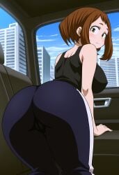 1girls ai_generated aindroidparanoid ass_focus big_ass big_breasts boku_no_hero_academia female in_car my_hero_academia ochako_uraraka