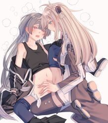 2girls absurdres black_necktie blonde_hair blush breasts brown_necktie clothed_sex collared_dress dress duel_monster emptyayya gloves grey_hair head_steam highres long_hair long_sleeves multiple_girls necktie red_eyes simple_background sky_striker_ace_-_raye sky_striker_ace_-_roze sweat two-tone_dress white_background yu-gi-oh! yuri